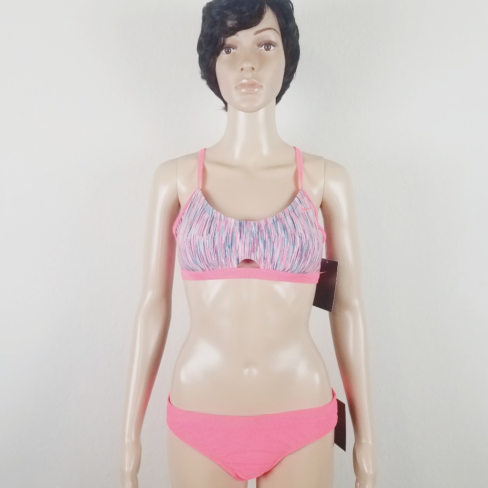 NIKE Pink Strappy 2 pc BIKINI SIZE LARGE vacation summer swim set Neon bright